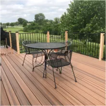 Beautiful composite deck with black aluminum railings built by Pro Deck & Design in Kansas City, featuring durable low-maintenance decking, elegant outdoor dining space, and scenic backyard views perfect for Johnson County outdoor living